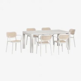 Set Van Rechthoekige Tafel 180x100 Cm Arnadine En 6 Stapelbare Tuinstoelen Met Armleuningen Van Polypropyleen Omara Glaciale Wit - Sklum