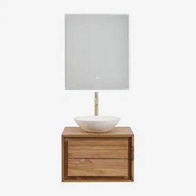 Jabari Teakhouten Badkamermeubelset Teakhout & Rond Cement Wit Ø40 Cm Zavion & Rectangular Led (60x70) Tasmin & Goud ↑30 Cm - Sklum