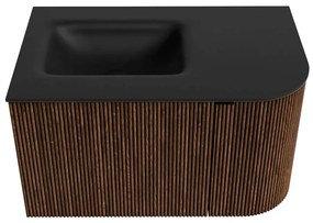 Mondiaz Kurve 75cm badmeubel ronding rechts walnut met 1 lade en deur en wastafel grunne kraangat links urban