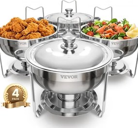 VEVOR Chafing Dish Set 4 x 4,7 L Ronde Voedselwarmer voor Buffetten in Zilver, voor Bruiloften, Feesten en Mobiele Catering, met Standaard Containers, Deksel, 6,6 L Waterpan & Opklapbare Standaard