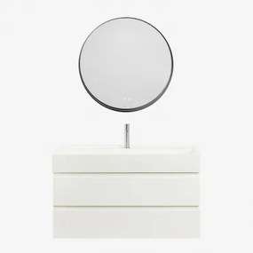 Ona Zwevend Badkamermeubelset Van Hout En Essenfineer Met Geïntegreerde Wastafel Wit & Round Led And Antifog Zwart Ø80 Cm - Sklum