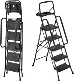 VEVOR 5-treden opvouwbare ladder met gereedschapsplank, leuningen aan beide zijden, veiligheidsladder, draagvermogen 272 kg, trapladder, opvouwbare kruk, huishoudladder voor keuken, huis en kantoor, zwart