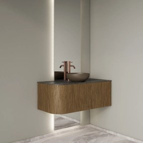 Gliss Design Alluro badmeubel ribbelfront met ronding links 100cm castle brown en zwart leisteen toppaneel