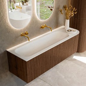 Mondiaz Kurve 145cm badmeubel ronding rechts walnut met 1 lade en deur en wastafel big large links zonder kraangat