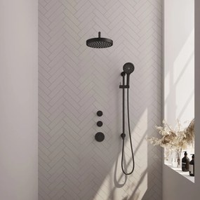 Brauer Stripe inbouw regendouche met 25cm hoofddouche, gebogen muurarm en 3 standen handdouche en glijstang set 11 zwart mat