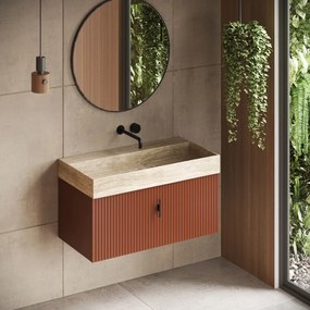 Muebles Zahora badmeubel ribbelfront 100cm terracotta met White Travertin wastafel zonder kraangat