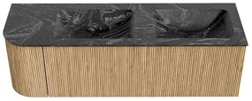 Mondiaz Kurve-dlux 145cm badmeubel ronding links oak met 1 lade en deur en wastafel leaf dubbel/rechts 2 kraangaten lava