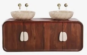 Dubbel Zwevend Badkamermeubelset 130x45 Cm Van Mangohout En Natuurlijke Kivalina-steen Travertijn - Donker Mangohout & 2 X Ronde Travertijn Ø40 -