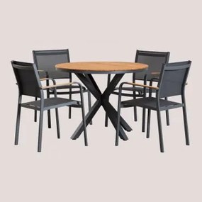 Ronde Tafelset Ø100 Cm Van Eucalyptus Hout En 4 Stapelbare Tuinstoelen Van Aluminium Archer Grijs – Grafiet - Sklum