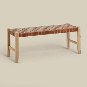 Houten Bankje Met Bruin Leer