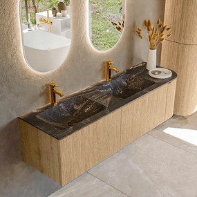 Mondiaz Kurve-dlux 155cm badmeubel ronding rechts oak met 2 lades en 1 deur en wastafel leaf dubbel/links 2 kraangaten lava