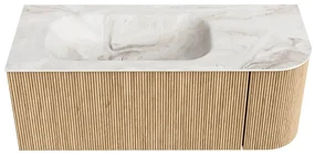 Mondiaz Kurve-dlux 115cm badmeubel ronding rechts oak met 1 lade en deur en wastafel big small kraangat links frappe