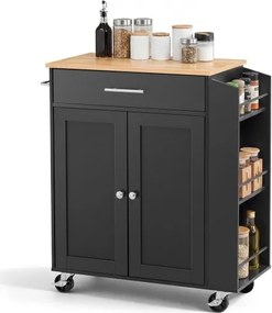 VEVOR Keukeneilandtrolley met 1 lade en 2 deuren, zwart, verrijdbaar keukeneiland, keukentrolley met kruidenrek, handdoekrek, tafelblad (640 x 380 x 15 mm) en verstelbare planken voor de eetkamer