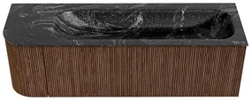 Mondiaz Kurve-dlux 145cm badmeubel ronding links walnut met 1 lade en deur en wastafel big large rechts 2 kraangaten lava