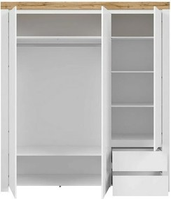 Kledingkast Sonsoru 120, Wotan eik, Wit, Glanzend wit, 204x181x57cm, 139 kg, Kledingkast deuren: Met scharnieren, Aantal planken: 5, Aantal planken: 5