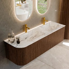 Mondiaz Kurve-dlux 145cm badmeubel ronding links walnut met 1 lade en deur en wastafel leaf dubbel/rechts 2 kraangaten glace