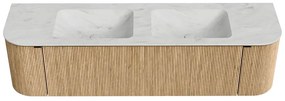 Mondiaz Kurve-dlux 170cm badmeubel ronding links/rechts oak met 1 lade en 2 deuren en wastafel leaf dubbel zonder kraangat opalo