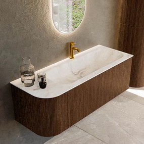 Mondiaz Kurve-dlux 125cm badmeubel ronding links walnut met 1 lade en deur en wastafel big medium kraangat rechts frappe