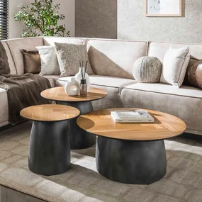 3-set Ronde Salontafels Teak En Metaal