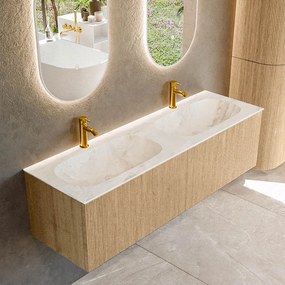 Mondiaz Kurve-dlux 150cm badmeubel oak met 2 lades en wastafel stor small dubbel 2 kraangaten frappe