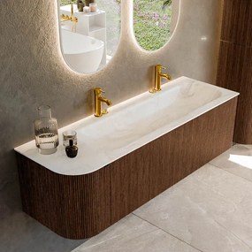 Mondiaz Kurve-dlux 145cm badmeubel ronding links walnut met 1 lade en deur en wastafel big large rechts 2 kraangaten ostra