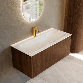 Mondiaz Kurve-dlux 100cm badmeubel walnut met 1 lade en wastafel big medium midden 1 kraangat ostra