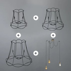 Retro hanglamp zwart 3-lichts - Granny Frame Retro Minimalistisch E27 Draadlamp rond Binnenverlichting Lamp