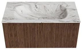 Mondiaz Kurve-dlux 90cm badmeubel walnut met 1 lade en wastafel big small midden zonder kraangat glace