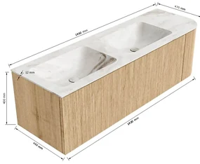 Mondiaz Kurve-dlux 145cm badmeubel ronding rechts oak met 1 lade en deur en wastafel leaf dubbel/links zonder kraangat lava