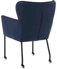 Goossens Excellent Eetkamerstoel Leogang blauw leer met armleuning en met wielen, elegant chic