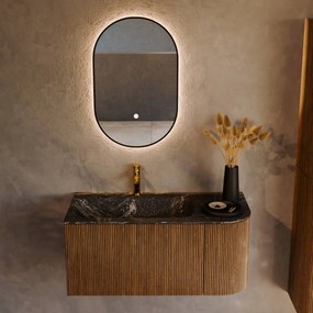 Mondiaz Kurve-dlux 95cm badmeubel ronding rechts dusk met 1 lade en deur en wastafel big small kraangat links lava