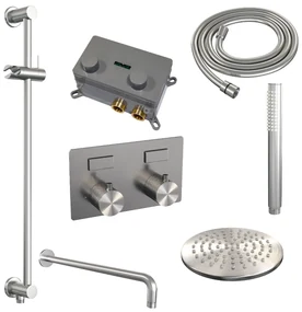 Brauer Brushed Carving thermostatische inbouw regendouche met staafhanddouche, gebogen muurarm, glijstang en hoofddouche 20cm set 63 RVS geborsteld PVD