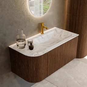 Mondiaz Kurve-dlux 95cm badmeubel ronding links walnut met 1 lade en deur en wastafel big small kraangat rechts glace
