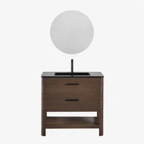 Badkamermeubelset In Hout Met Geïntegreerde Wastafel Misene Donker Hout & Round Led And Antifog Ø70 Cm Riben & Mat Zwart ↑20 - Sklum