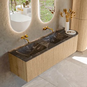 Mondiaz Kurve-dlux 155cm badmeubel ronding rechts oak met 2 lades en 1 deur en wastafel leaf dubbel/links zonder kraangat lava