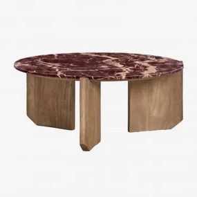 Ronde Salontafel Van Natuursteen En Mangohout Lavinia Rood Marmer Cherry Gold & Rustiek Mangohout & Ø70 Cm - Sklum