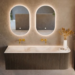 Mondiaz Kurve-dlux 145cm badmeubel ronding rechts shadow met 1 lade en deur en wastafel leaf dubbel/links zonder kraangat ostra