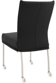 Goossens Eetkamerstoel Funk RVS Poten zwart leer leuning en met wielenTransparant skater wiel met rvs kap, modern design