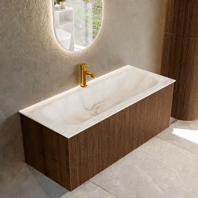 Mondiaz Kurve-dlux 110cm badmeubel walnut met 1 lade en wastafel big medium midden 1 kraangat frappe