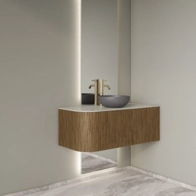 Gliss Design Alluro badmeubel ribbelfront met ronding links 100cm castle brown en wit marmer toppaneel