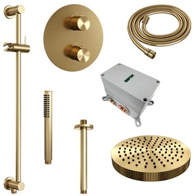 Brauer Stripe inbouw regendouche rond met 25cm hoofddouche, rond met plafondarm, glijstang en staafhanddouche set 45 messing geborsteld PVD