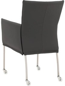Goossens Eetkamerstoel Funk RVS Poten donkergrijs leer met armleuning en met wielenTransparant skater wiel met rvs kap, modern design