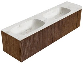 Mondiaz Kurve-dlux 175cm badmeubel ronding rechts walnut met 2 lades en 1 deur en wastafel stor small dubbel/links zonder kraangat ostra
