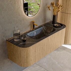 Mondiaz Kurve-dlux 130cm badmeubel ronding links/rechts oak met 1 lade en 2 deuren en wastafel big small midden 1 kraangat lava