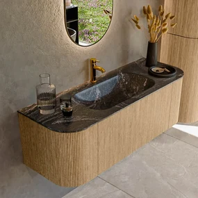 Mondiaz Kurve-dlux 130cm badmeubel ronding links/rechts oak met 1 lade en 2 deuren en wastafel big small midden 1 kraangat lava