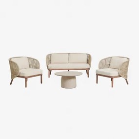 Tuinset Met 2-zitsbank, 2 Capri Fauteuils En Ronde Salontafel Ø75 Cm In Layana Cement Beige – Crème - Sklum