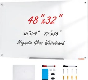 VEVOR Magnetisch Glazen Whiteboard, Whiteboard 120 x 80 cm, Wandgemonteerd Wit Glazen Bord zonder Frame, met Pennenbakje, Wisser &amp; 2 Pennen, Magnetisch Bord Wit