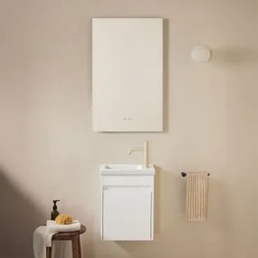 Badkamermeubelset In Hout Met Geïntegreerde Wastafel Narek Wit & Rectangular Led And Antifog 55x90 Cm Kirvex & Tapioca Beige ↑20 - Sklum
