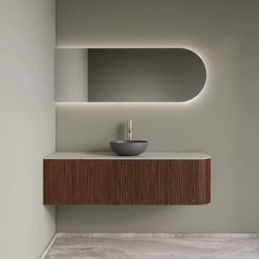 Gliss Design Alluro badmeubel ribbelfront met ronding rechts 140cm walnut en wit marmer toppaneel