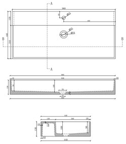 Sapho Quadrado betonnen wastafel 96x44cm zwart graniet met 2 kraangaten